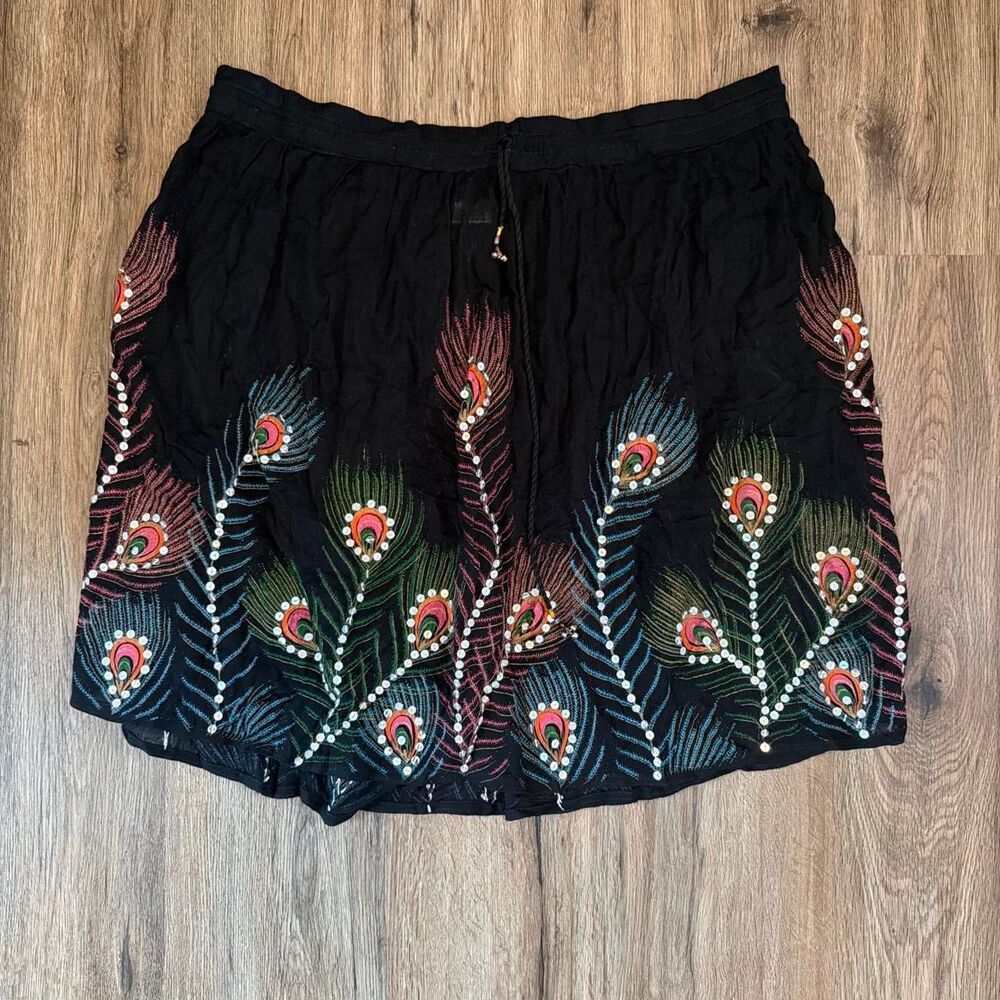 Black rayon skirt boho peacock feather print sequins semi-sheer one size